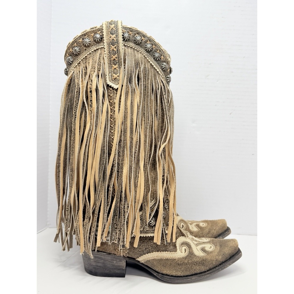 Double D Ranch by Lane Prescott Boots Womens 7.5 B Brown Leather Fringe Concho